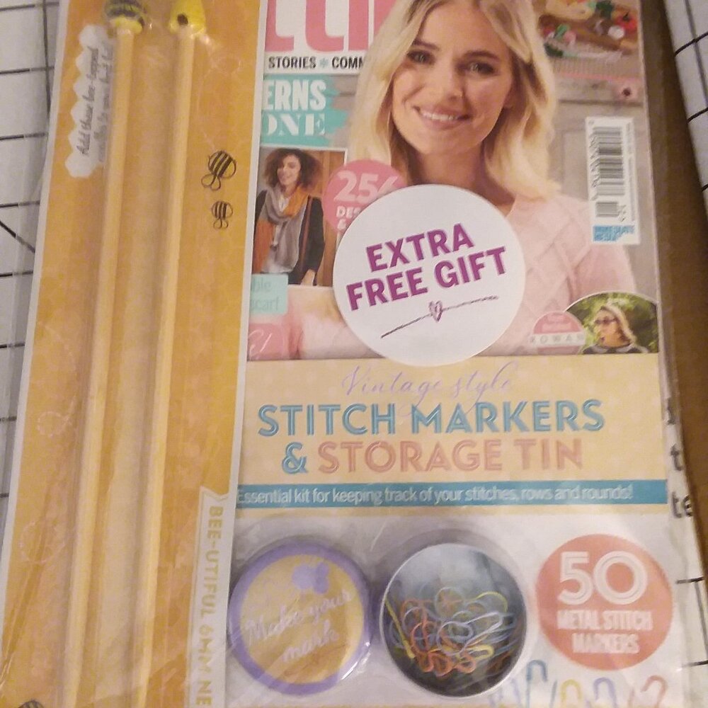 Simply Knitting magazine Issue 212 with knitting needles, stitch markers, etc